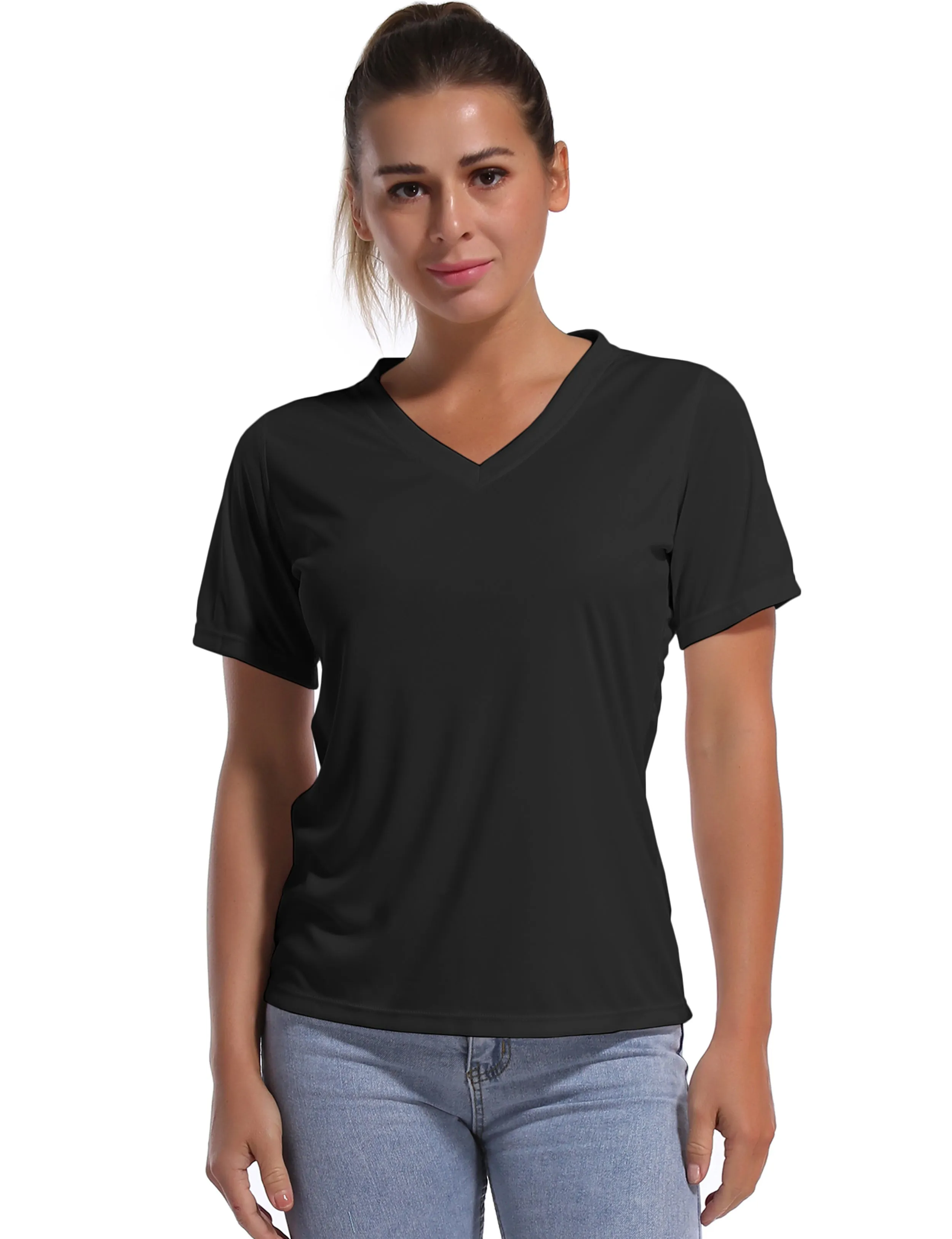 V-Neck Short Sleeve Athletic Shirts black_Running