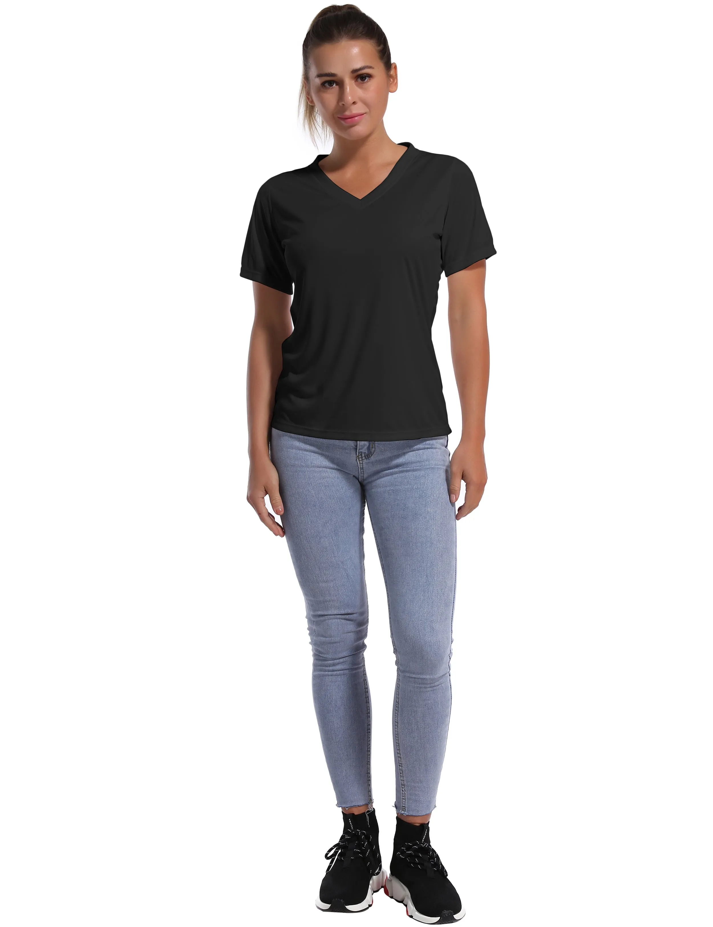 V-Neck Short Sleeve Athletic Shirts black_Running