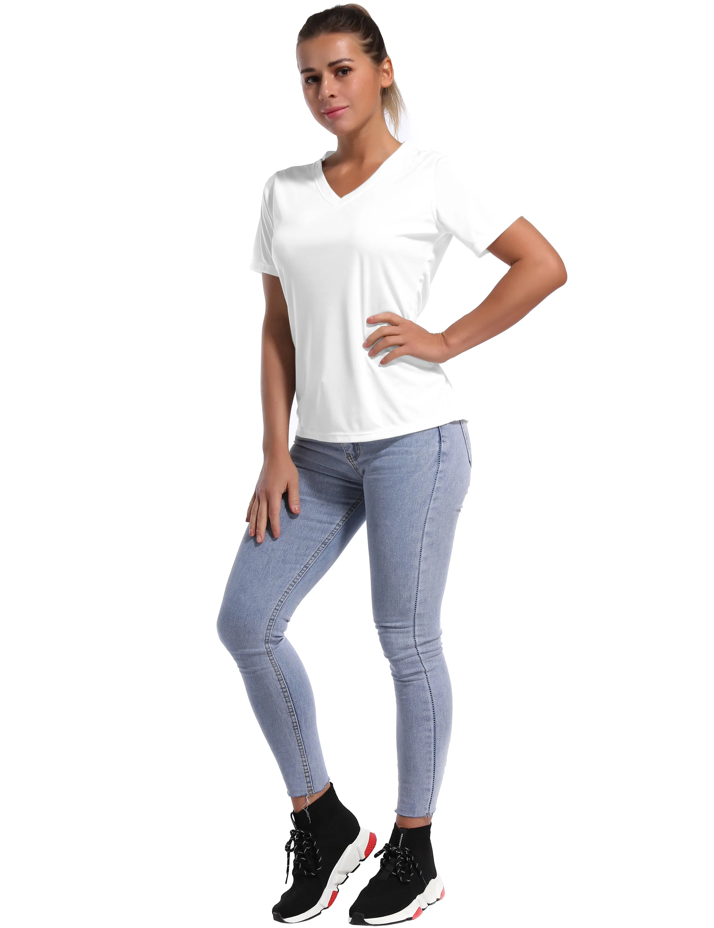 V-Neck Short Sleeve Athletic Shirts white_Pilates