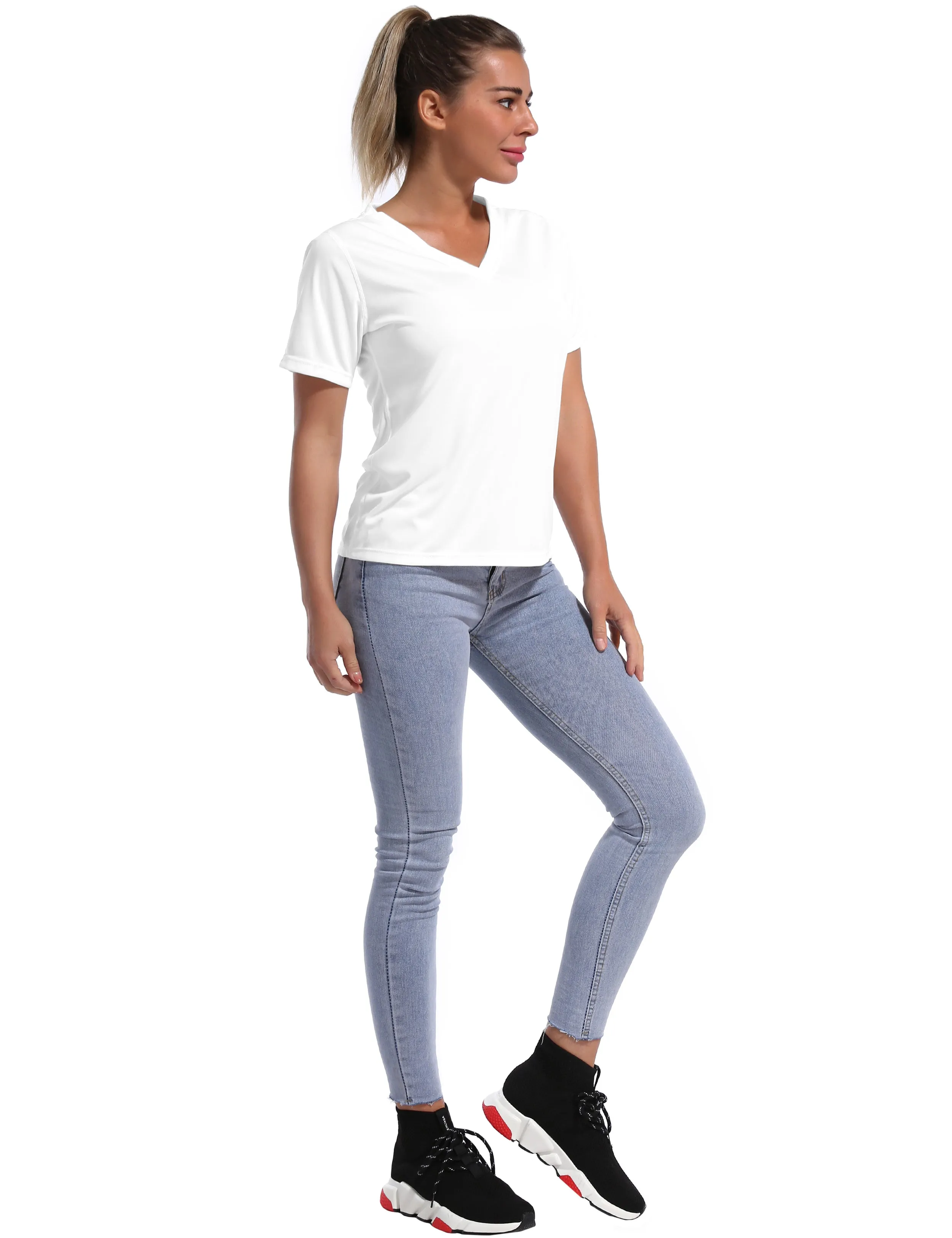 V-Neck Short Sleeve Athletic Shirts white_Pilates