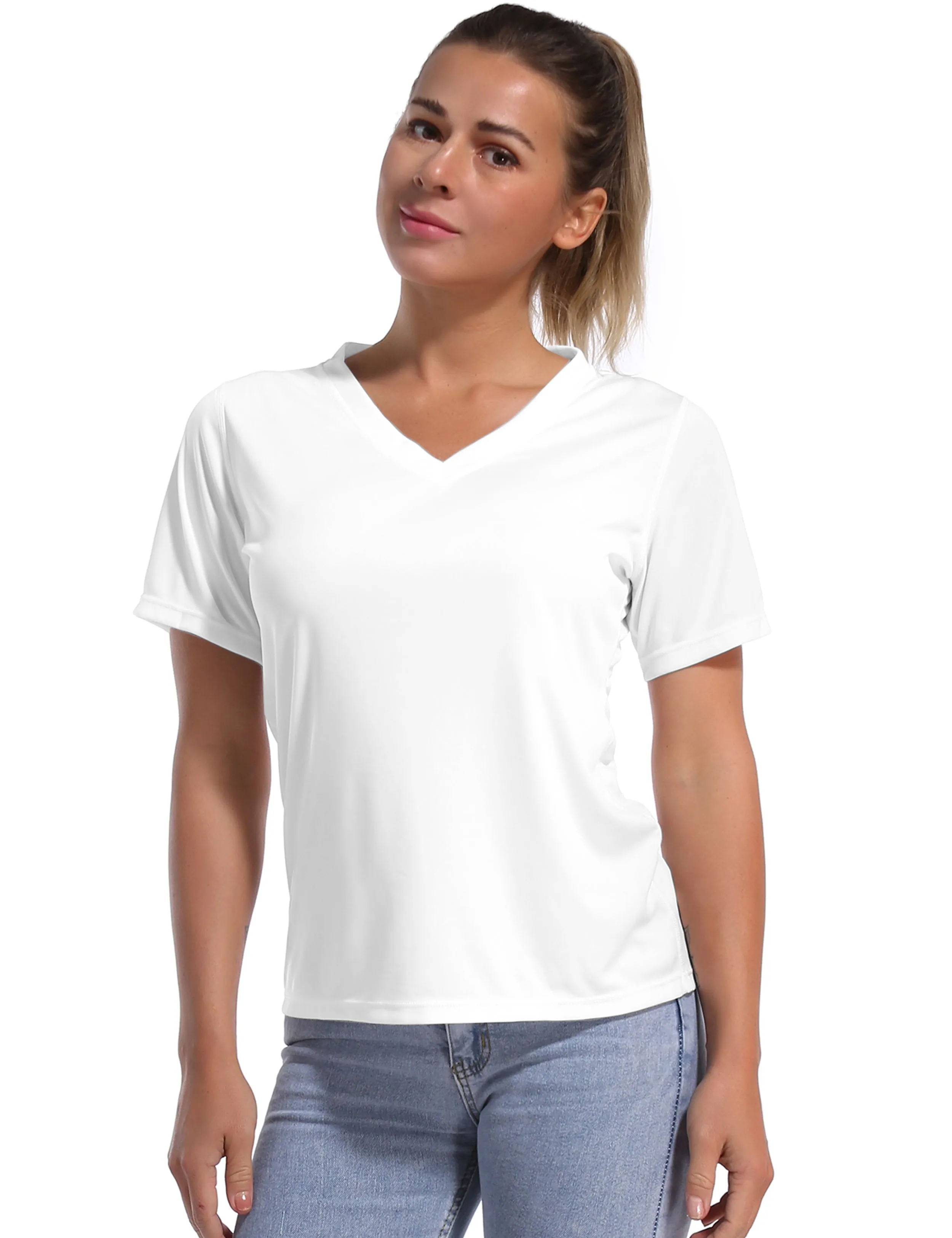 V-Neck Short Sleeve Athletic Shirts white_Pilates