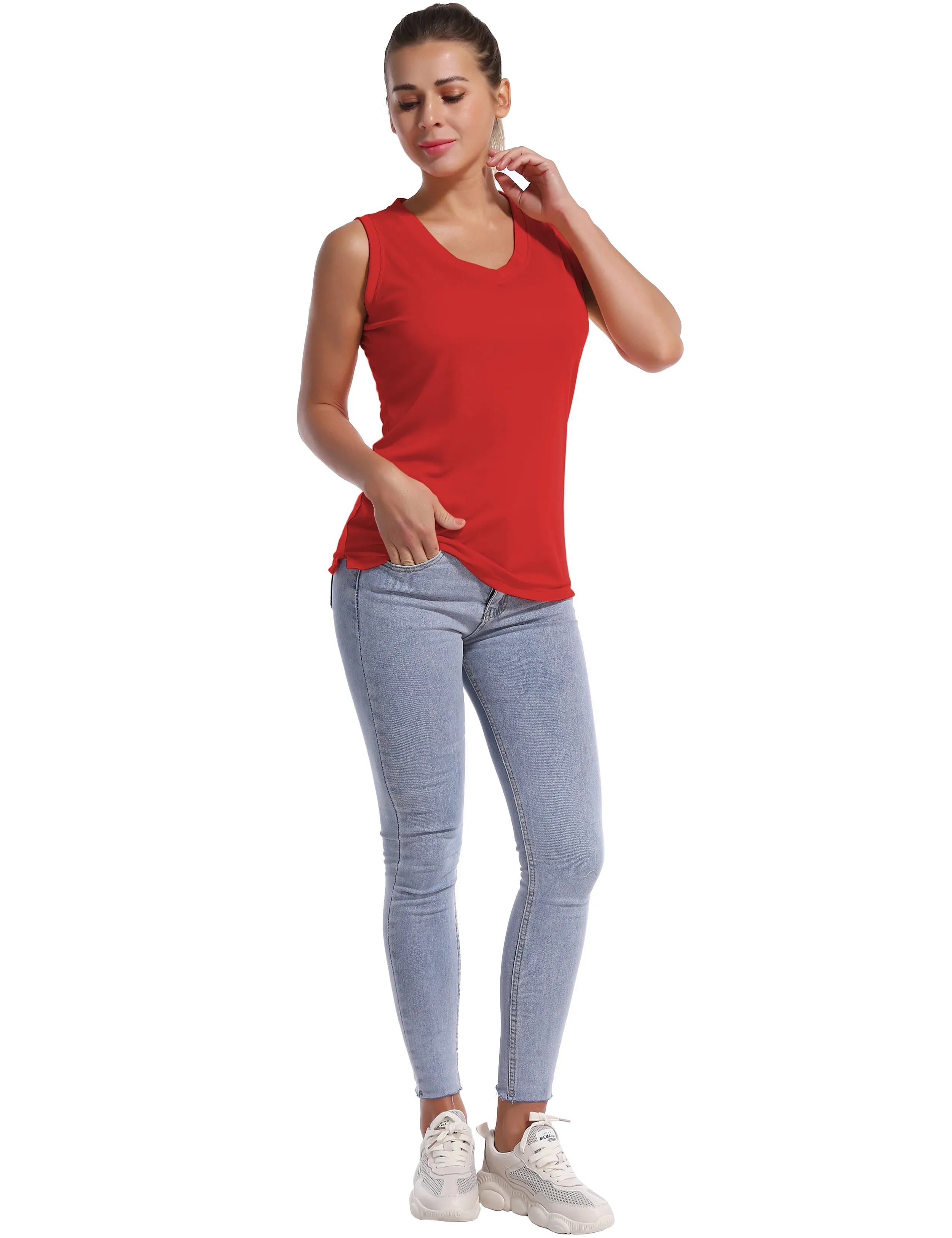 V Neck Sleeveless Athletic Shirts red_yoga