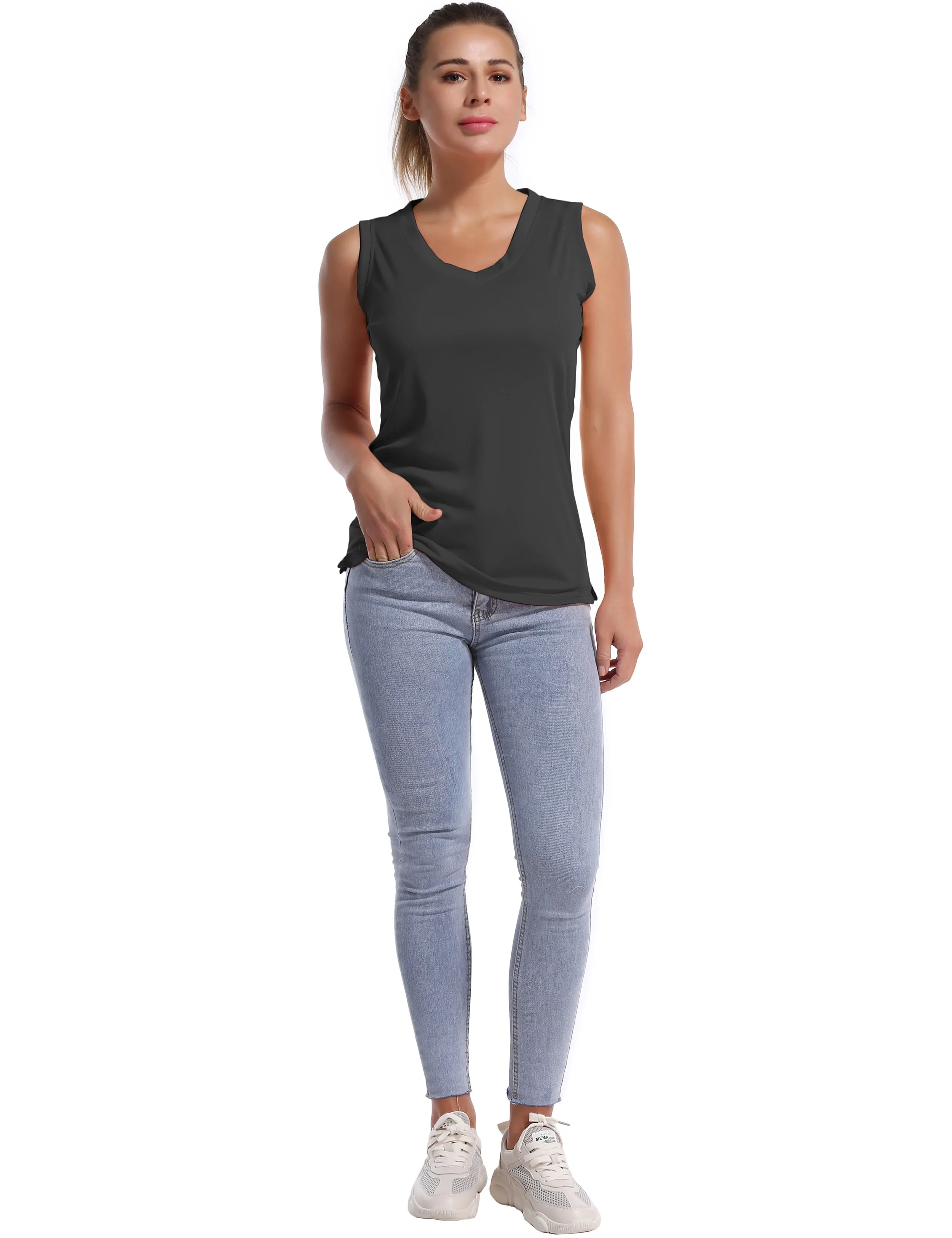 V Neck Sleeveless Athletic Shirts shadowcharcoal_yoga