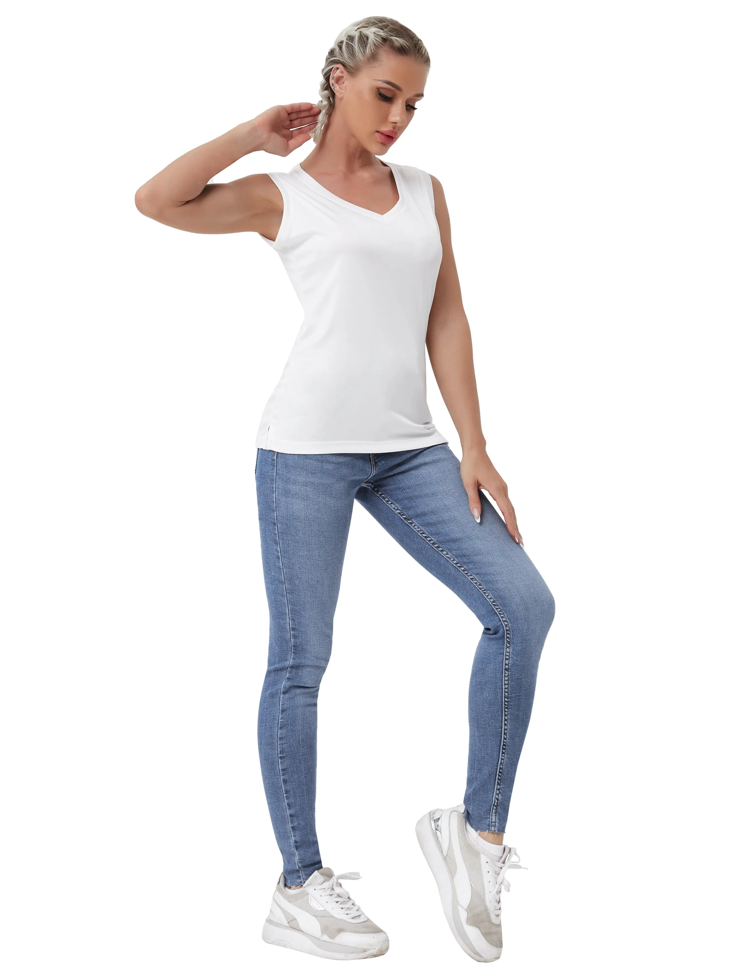 V Neck Sleeveless Athletic Shirts white_Biking
