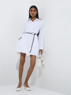 Wardrobe White Solid Cotton Shirt Dress with Belt