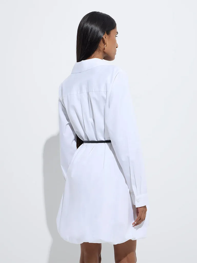 Wardrobe White Solid Cotton Shirt Dress with Belt