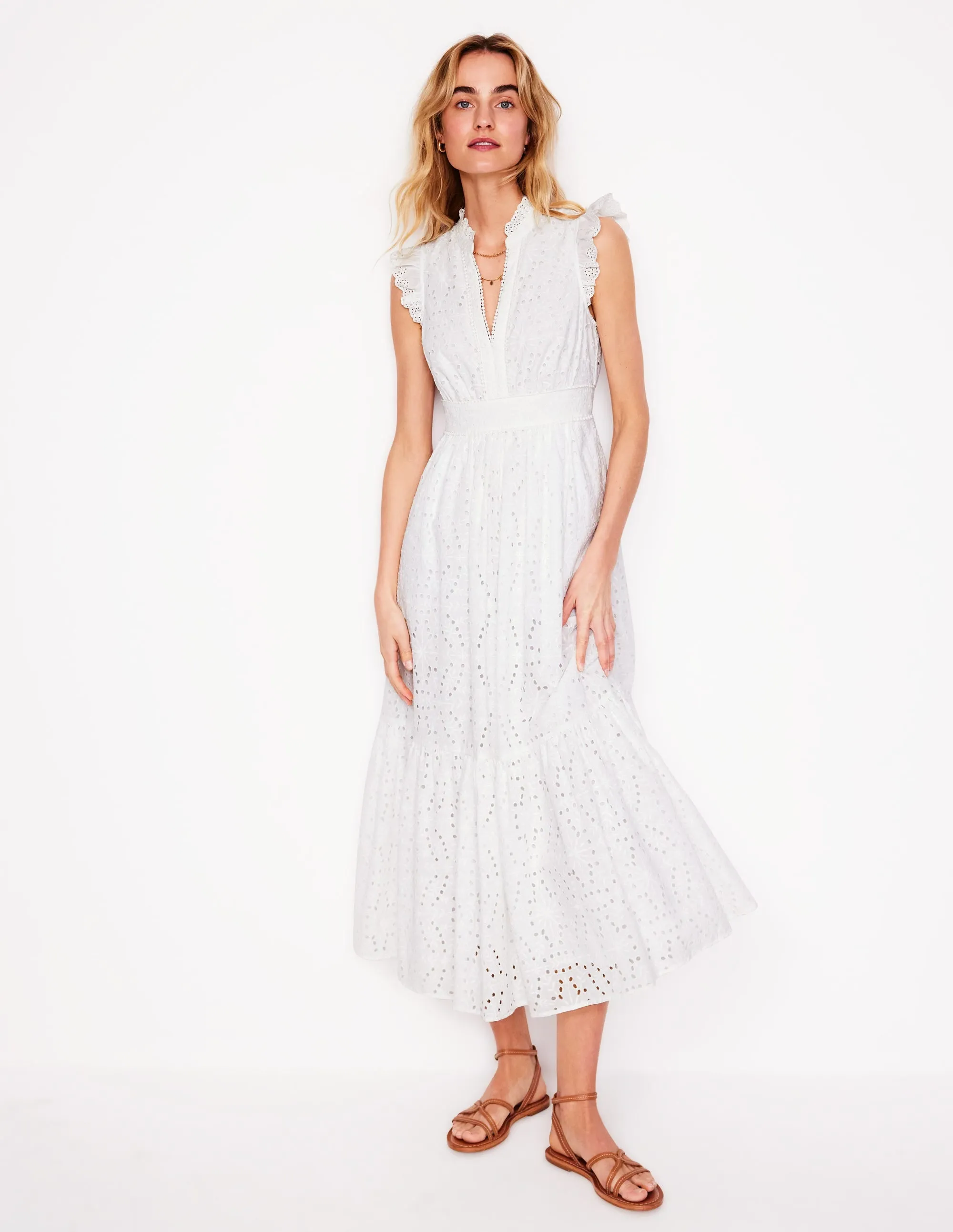 Wren Broderie Midi Dress-Ivory. Broderie