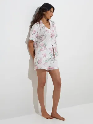 Wunderlove White Floral Design Satin Shirt with Shorts Set