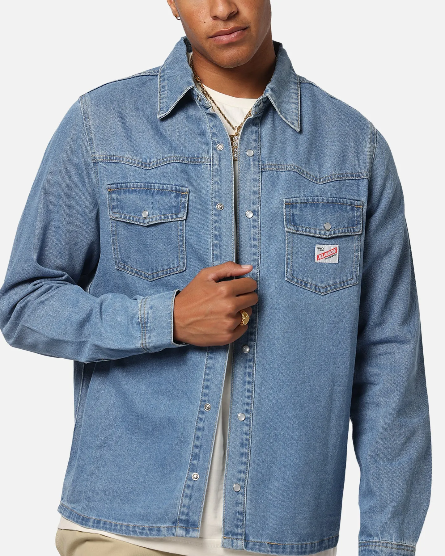 X-Large Denim Western Long Sleeve Shirt Mid Blue